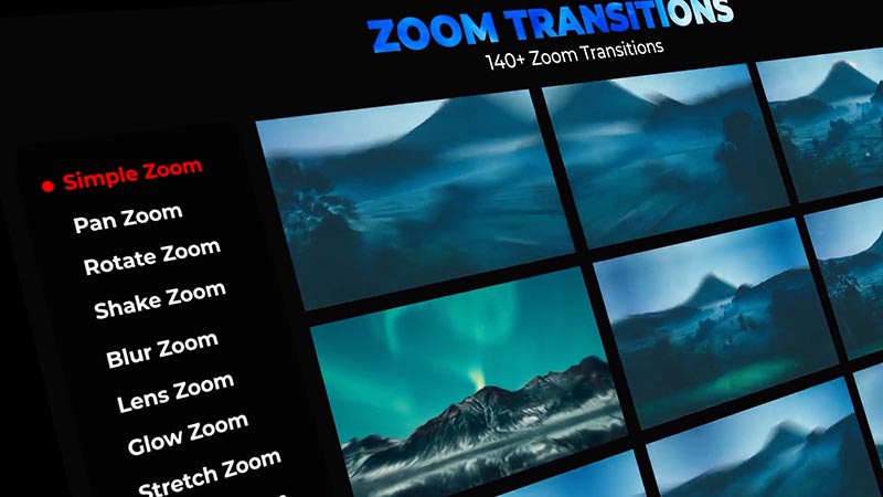 FCPX插件Zoom Transition画面冲击缩放动态过渡无缝视频转场预设136个